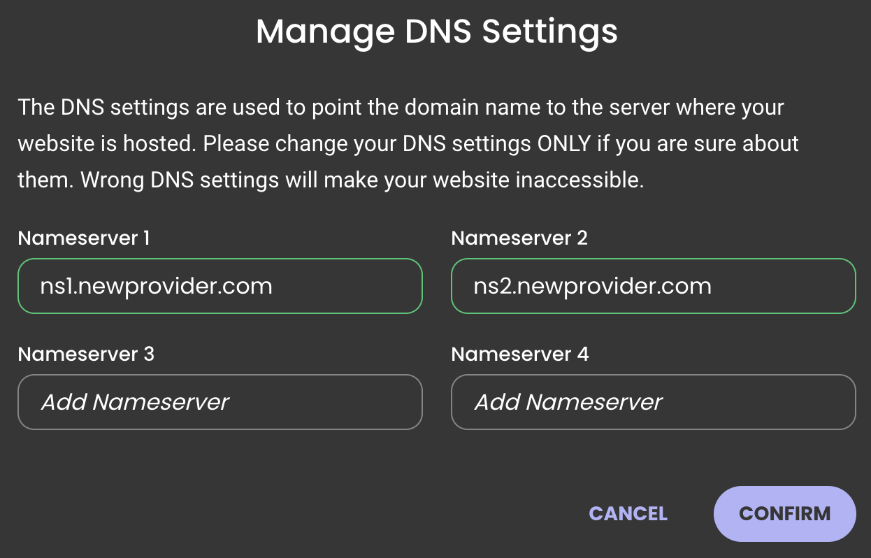 The-Manage-DNS-Settings-section-on-the-SiteGround-website.-The-page-displays-newly-entered-nameservers